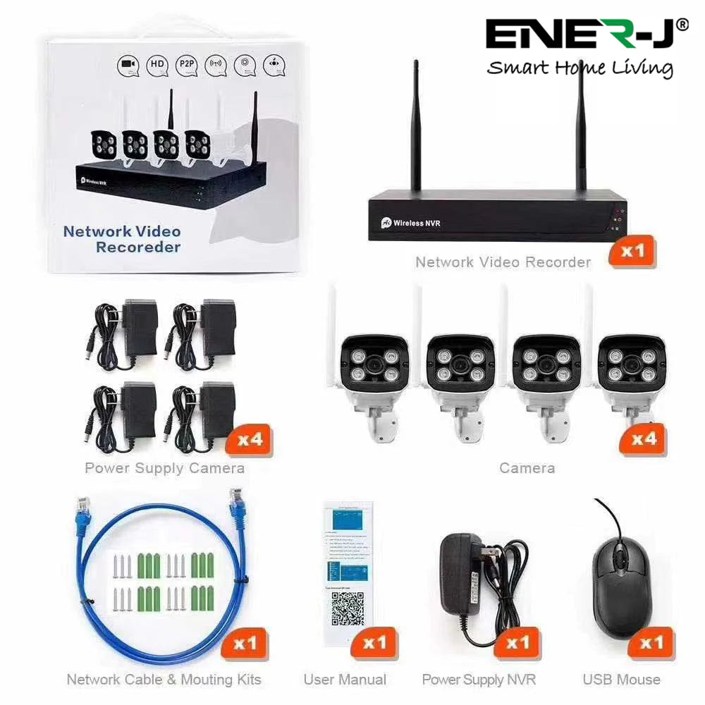 Wireless Security CCTV System with 4 IP Cameras, 8CH NVR, Smart Motion-Triggered Alerts, IP66 Weatherproof, Easy Remote Access (Hard Disk Not Included)