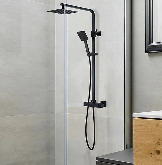 BAP Matt Black Thermostatic Mixer Shower Set Square Black Twin Head Exposed Valve